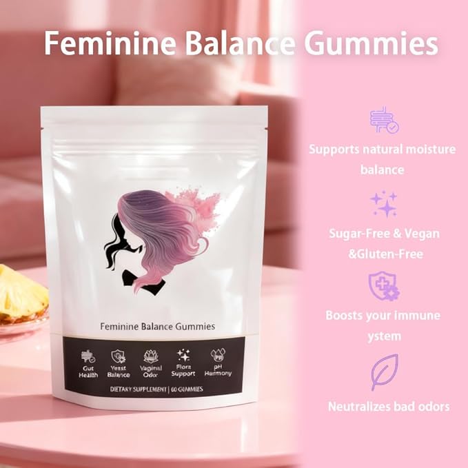 Feminine Balance Gummies for Women - Vegan Pineapple Flavor Gummy Supplement Supports Vaginal pH &amp Healthy Flora 60 Count for 30 Day Supply
