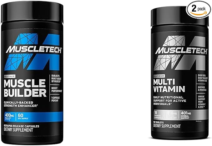 MuscleTech Muscle Builder with 400mg Peak ATP and Platinum Multivitamin with Amino Support Matrix and Vitamin C - Muscle Building and Immune Support Supplement Bundle for Men and Women