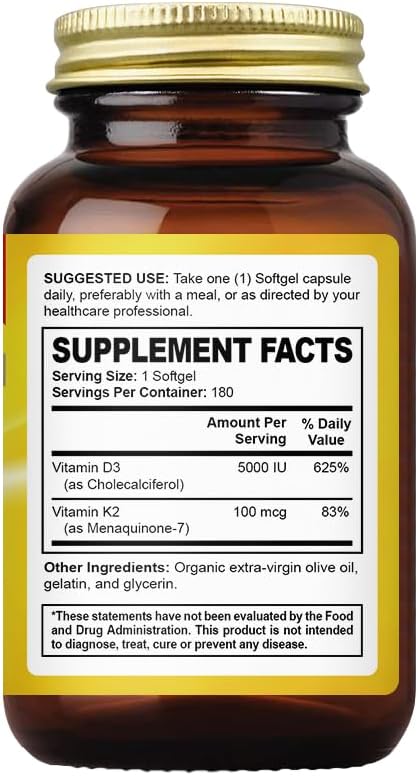 Vitamin D3 + K2 5000 IU - Liposomal Technology for Enhanced Absorption - MK-7 Vitamin K2 100mcg - Supports Bone &amp Calcium Metabolism - D3K2 Supplement for Men &amp Women - 180 Softgels