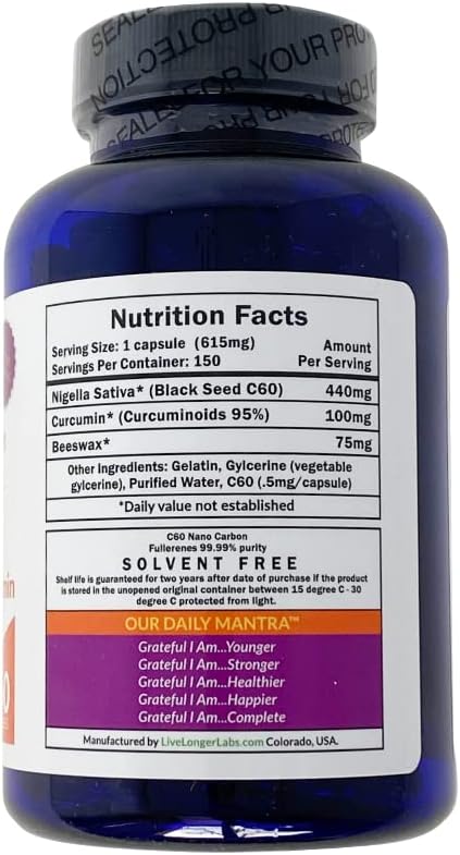 C60 Complete - Carbon 60 (Fullerene) with Black Seed Oil &amp Curcumin - Antioxidant Supplement - for Longevity &amp Cognitive Function - All Natural - 150 Gel Capsules