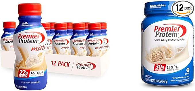 Premier Protein Shake MINIs Vanilla 22g Protein 120 Calories Pack of 12 &amp Powder Vanilla Milkshake 30g Protein 17 Servings 23.3 Ounces
