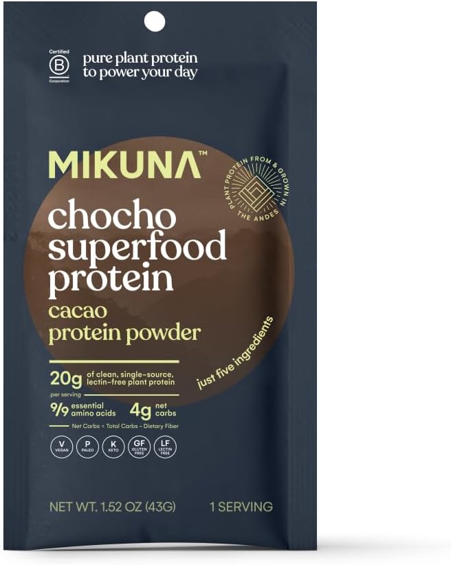 Mikuna Chocho Superfood Protein Plant-Based Protein Powder Travel Packs - Vegan Gluten Free 3g Net Carbs or Less and Bioavailable Non-Isolate (8 Servings Cacao)