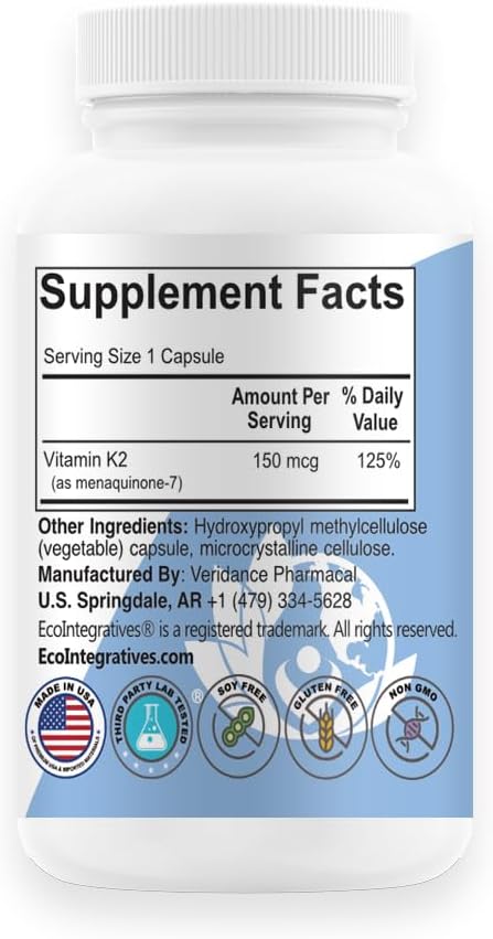 MK-7 (Vitamin K2 as menaquinone-7) Natural Vegan Natto - Supports Bone &amp Teeth Health Cardiovascular Vascular Elasticity &amp Wound Healing - Vegetable 100 Capsules