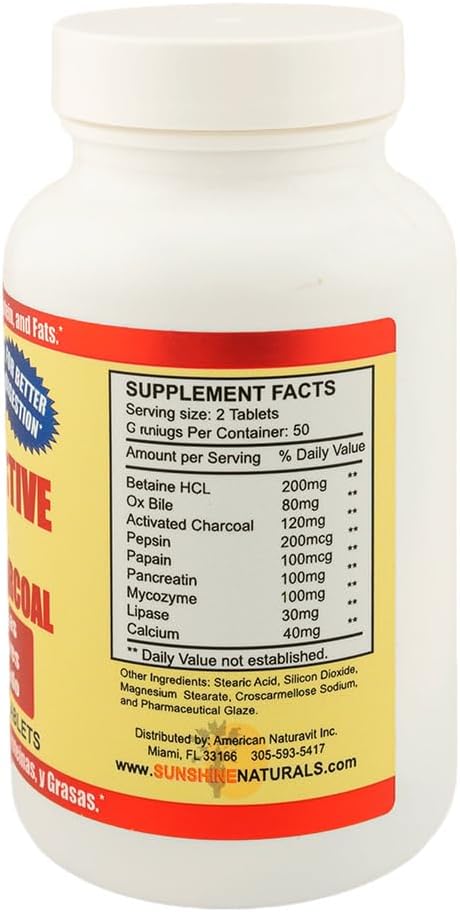 Sunshine Naturals Super Digestive Supplement. Ox Bile &amp Activated Charcoal for Digestive Support Bloating Relief Gut Cleanse Nutrient Absorption and Overall Wellness. 100 Tablets. Pack of 2