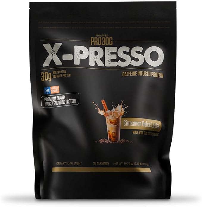 ATHLEAN-X PRO-30G Xpresso Premium Caffeinated Protein Powder Cinnamon Dolce Latte Gluten-Free Low Sugar 30g of High Protein Powder for Muscle Recovery &amp Growth NSF Certified for Sports