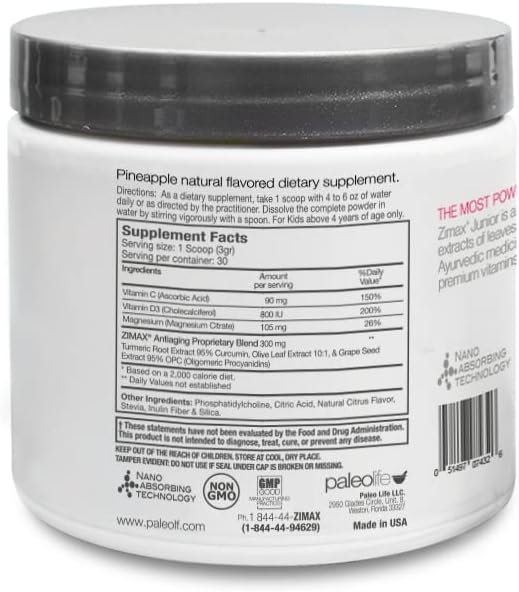 ZIMAX Junior Super Antioxidant for Children and Adolescents Between 4 and 16 Years 100% Natural with Vitamin C Magnesium Vitamin D3Curcumin Ginger and Minerals