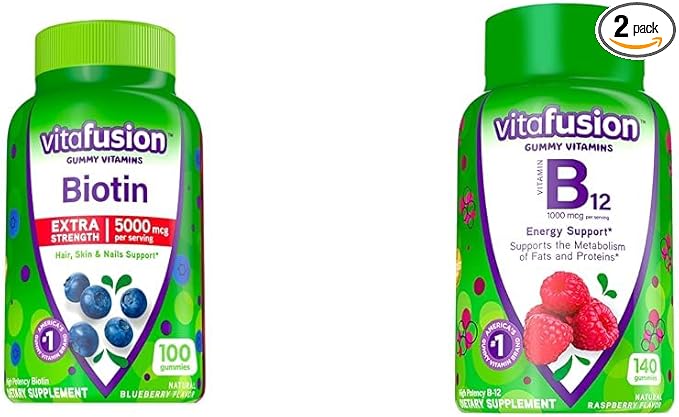Vitafusion Extra Strength 5000 mcg Biotin and 1000 mcg B12 Gummy Vitamins America's Number 1 Gummy Vitamin Brand 50 and 70 Day Supply