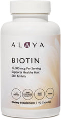 Alaya Biotin 10000 mcg for Healthy Hair Skin and Nails Non GMO Vegan 90 Capsules