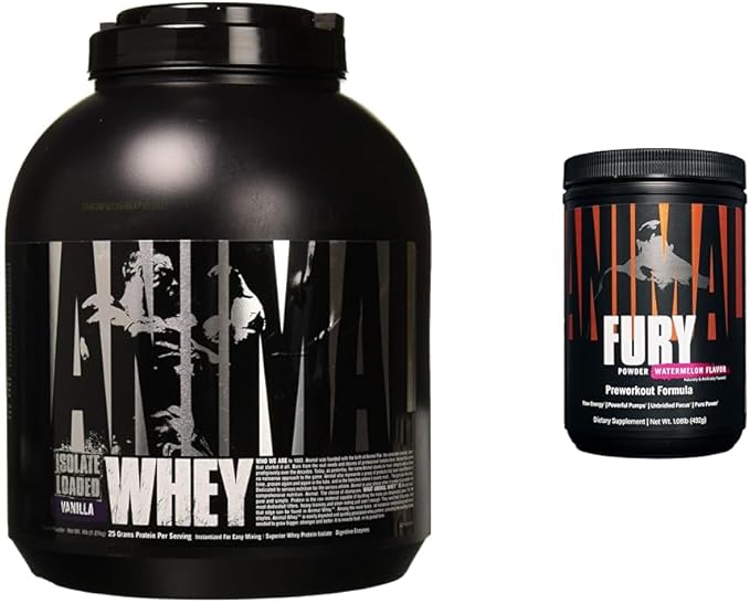 Animal Whey Isolate Whey Protein Powder – Isolate Loaded for Post Workout and Recovery &amp Fury Pre Workout Powder Supplement for Energy and Focus 5g BCAA 350mg Caffeine Nitric Oxide