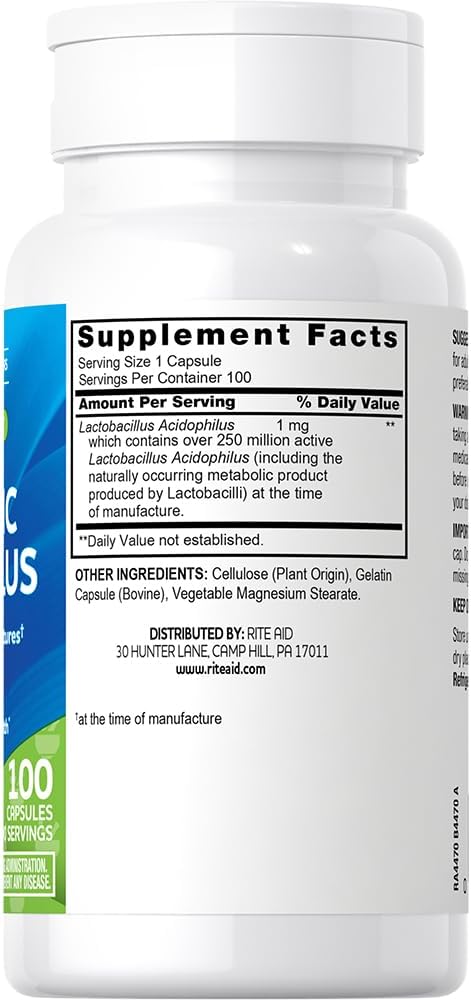 Rite Aid Probiotic Acidophilus Dietary Supplement 100 Count