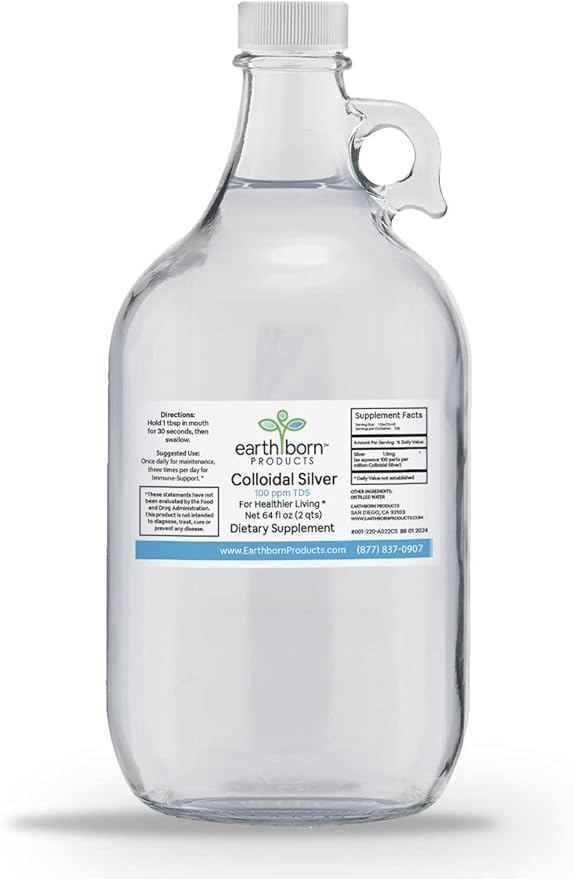 Earthborn Colloidal Silver Liquid (64oz) - 100PPM Pure Monatomic Silver Water - 99.9% Natural Nano Silver Liquid Supplement for Immune Support* Non-GMO Glass Bottle | Made in USA