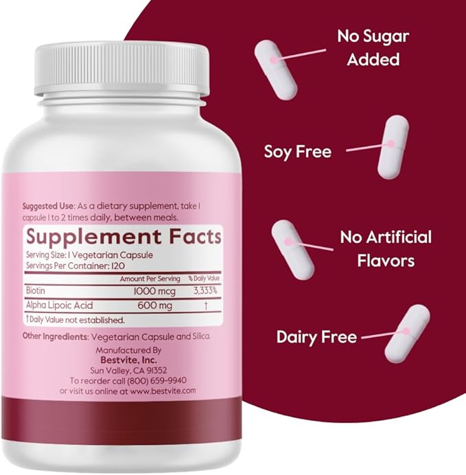 BESTVITE High Strength Alpha Lipoic Acid 600mg (per Capsule) with Biotin to Enhance Absorption (120 Vegetarian Capsules) - No Stearates - Vegan - Non GMO - Gluten Free