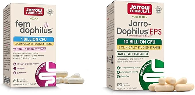 Jarrow Formulas Probiotics Bundle with Fem-Dophilus 1 Billion CFU and Jarro-Dophilus EPS 10 Billion CFU 180 Veggie Capsules