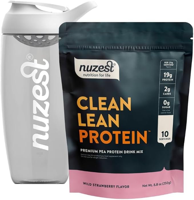 Nuzest Vegan Pea Protein Powder - Clean Lean Protein 8.8 Ounces Wild Strawberry Flavor + Sports Shaker Bottle 24oz