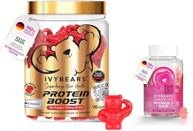 IvyBears® Women’s Strength &amp Beauty Bundle – Hair Vitamin &amp Protein Boost Gummies – Biotin Collagen Keratin + 25g Protein BCAAs &amp Creatine – Hair Growth &amp Fitness Recovery – Vegan –