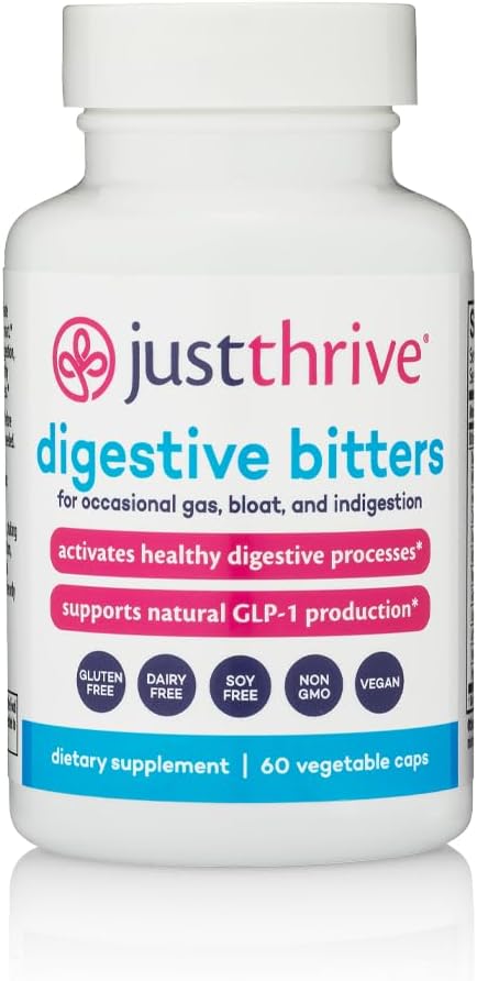 Just Thrive Digestive Bitters Supports Digestion GLP-1 Eases Bloating Gut Health Metabolism &amp Nutrient Absorption 12 Herbal Extracts 60 Caps