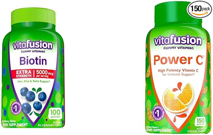 Vitafusion Extra Strength Biotin Gummy Vitamins &amp Power C Vitamin C Gummies for Immune Support Orange Flavored 282 mg Vitamin C America’s Number 1 Gummy Vitamin Brand 50 Day Supply 150 Count
