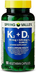 Vitamin K2 + D3 • 5000 IU D3 + Vitamin K2 • Bone Heart &amp Immune Support • 90 Vegetarian Capsules • Non-GMO by Spring Valley + Daily Supplement Tracker Sticker