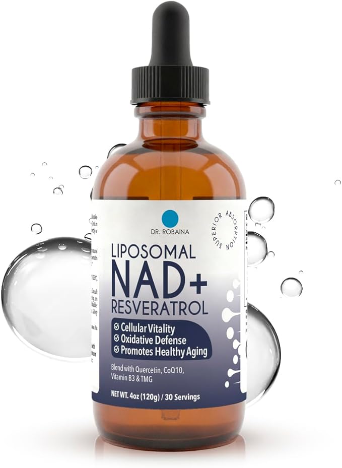 Dr. Robaina Liposomal NAD⁺ Liquid Drops – Doctor-Formulated with Trans-Resveratrol Quercetin CoQ10 Vitamin B3 &amp TMG – 400 mg NAD⁺ per 4 mL Serving – Berry Flavor Amber Glass Dropper 4 fl oz