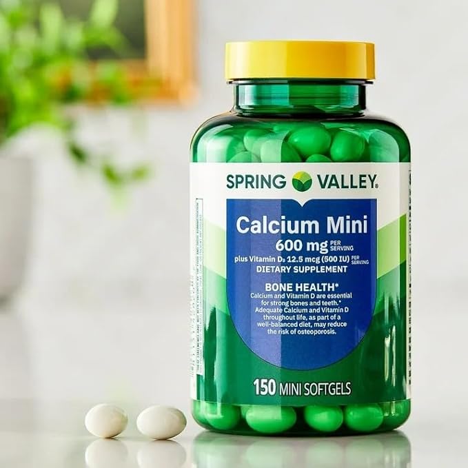 Spring Valley Calcium Plus Vitamin D3 Dietary Supplement 150 Mini Softgels + ViT4 Pill Box.