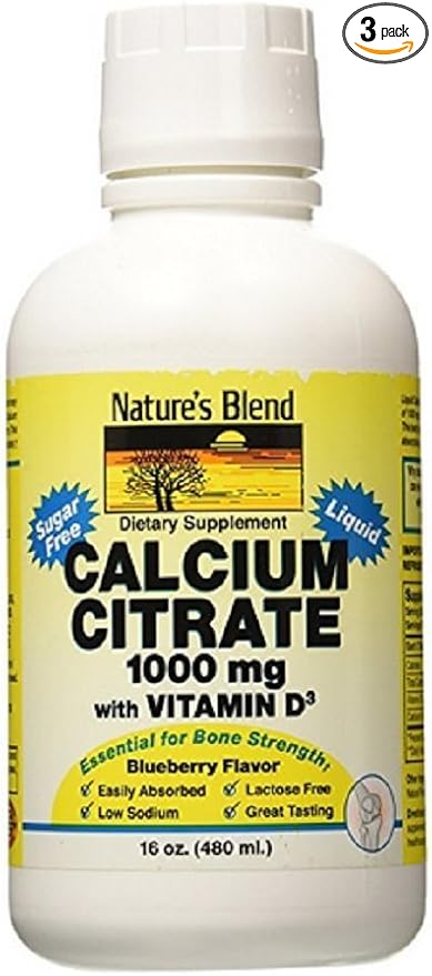 Nature's Blend Calcium Citrate with D3 Blueberry Flavored Liquid 16 oz Each (Pack of 3)