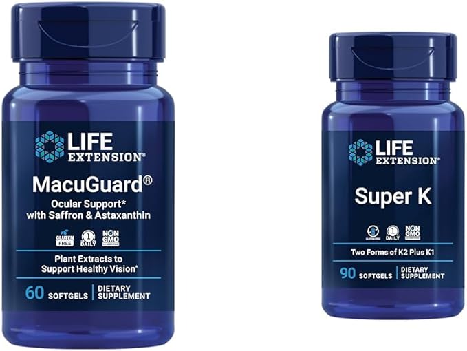 Life Extension Macuguard Eye Health Supplement with Lutein Meso-Zeaxanthin Saffron &amp Astaxanthin - 60 Count and Super K Vitamin K1 K2 MK-7 MK-4 Vitamin C - 90 Softgels