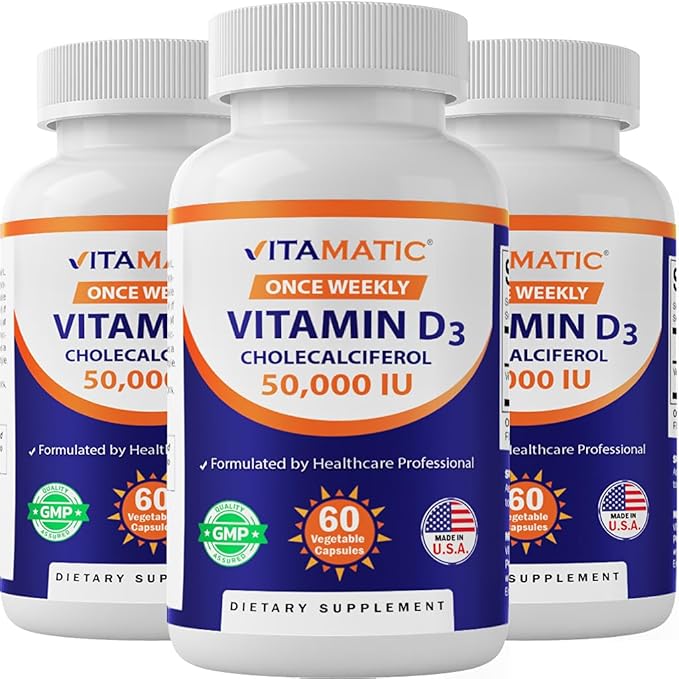 Vitamatic 3 Pack Vitamin D3 50000 IU (as Cholecalciferol) Once Weekly Dose 1250 mcg 60 Veggie Capsules 1 Year Supply Progressive Formula Helping Vitamin D Deficiencies