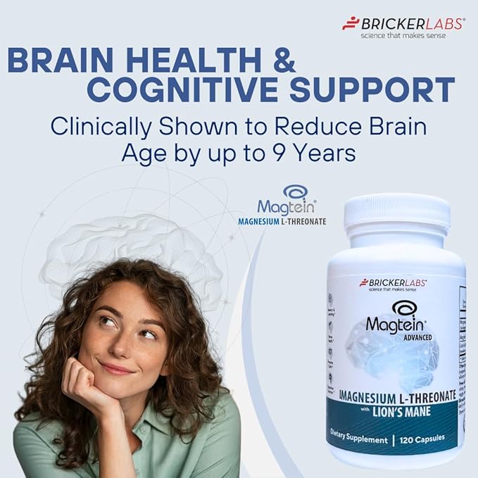 Bricker Labs Magtein® &amp Lion’s Mane-Advanced Magnesium L-Threonate Formula for Brain Health Memory &amp Focus-Cognitive Support Supplement 120 Capsules