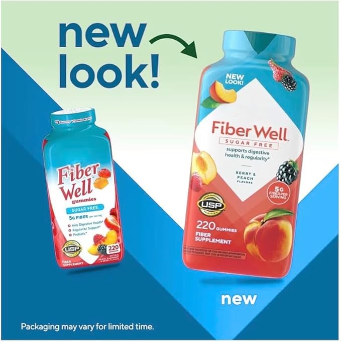 Vita Fiber Well Gummies Sugar Free | Berry &amp Peach Flavors (220 Count) Daily Fiber Supplement with Prebiotic Support | Adult Gummy Vitamins for Digestive Health &amp Regularity