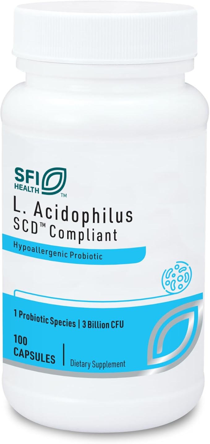 Klaire Labs SFI Health L. Acidophilus - 3 Billion CFU Lactobacillus Probiotic Pure SCD Compliant Formula for Men &amp Women Hypoallergenic &amp Non-Dairy (100 Capsules)