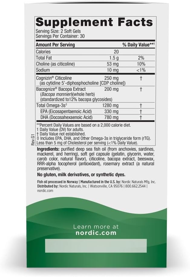 Nordic Naturals Omega Focus Lemon - 60 Soft Gels - 1280 mg Omega-3 + Citicoline &amp Bacopa Monnieri Extract - Focus Attention Memory Brain Health - Non-GMO - 30 Servings