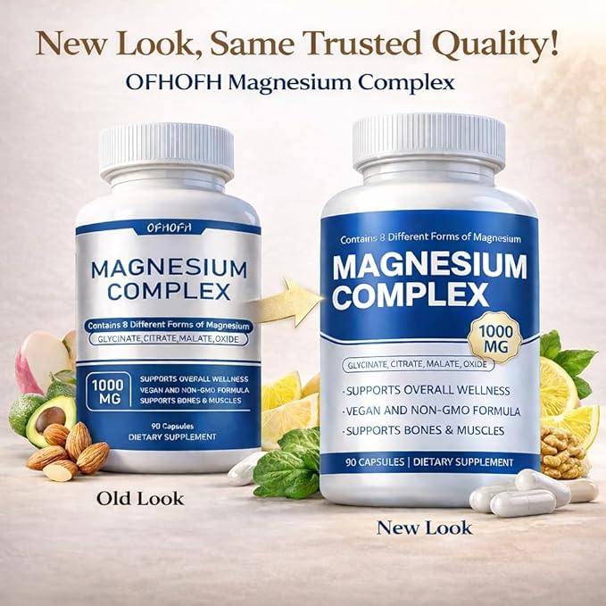 Magnesium Complex Supplement 8 Elemental 1000mg - Magnesium Glycinate Citrate Malate Oxide | Easy Absorption for Bones Muscle Energy Vegan Non-GMO 90 Capsules (1pc)