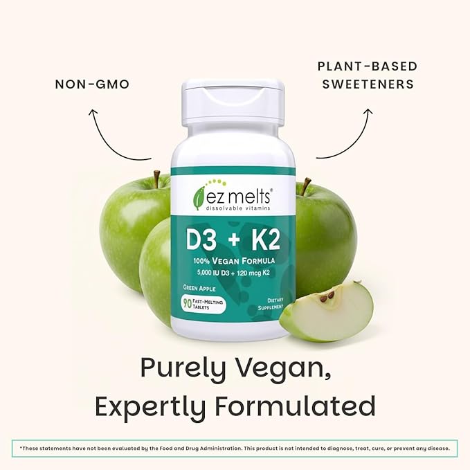 EZ Melts Dissolvable Vegan Vitamin D3 + K2 5000 IU - Bone &amp Heart Health Support - Immune Function Support - No Artificial Flavors - Non-GMO - Green Apple - 90 Dissolvable Tablets (90 Servings)