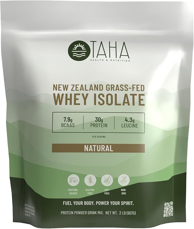 Taha Health &amp Nutrition Natural Unflavored Whey Protein Isolate 30g Protein 7.9g BCAAs 4.3g Leucine | New Zealand Grass-Fed Free-Range Dairy | Gluten &amp Soy Free Keto Kosher | 2LB ~26 Se