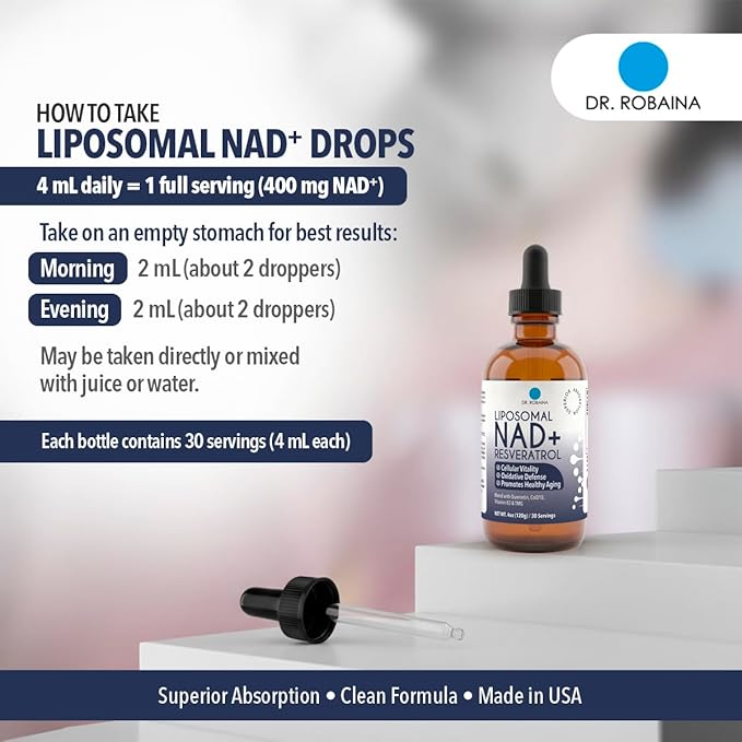 Dr. Robaina Liposomal NAD⁺ Liquid Drops – Doctor-Formulated with Trans-Resveratrol Quercetin CoQ10 Vitamin B3 &amp TMG – 400 mg NAD⁺ per 4 mL Serving – Berry Flavor Amber Glass Dropper 4 fl oz