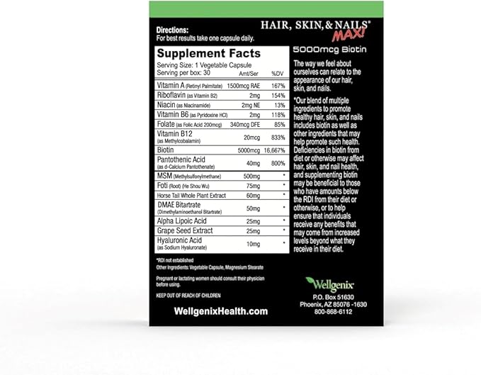Wellgenix Purvana MAX Hair Skin and Nails Supplement – 5000mcg Biotin with MSM &amp B-Complex – Support for Thicker Hair Stronger Nails &amp Glowing Skin – 30 Veggie Capsules