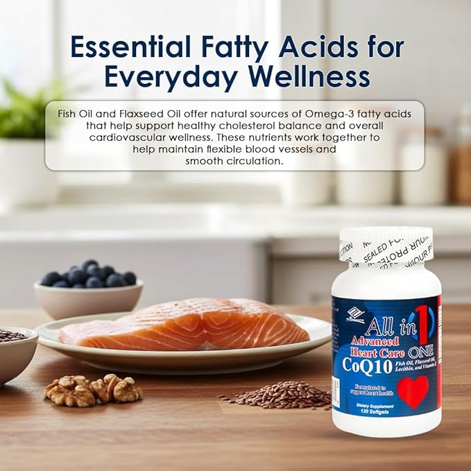 Nu-Health All in One Advanced CoQ10 Supplement | Co Q 10 Supplement with Omega-3 Fish Oil Flaxseed Oil Soy Lecithin &amp Vitamin E | Heart Health Support | 120 Softgels