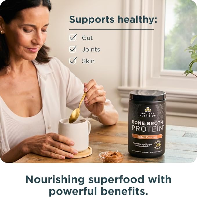 Ancient Nutrition Bone Broth Protein Powder Salted Caramel 19g Protein per Serving Beef Supports Healthy Skin Gut Health Joint Supplement Gluten Free Paleo and Keto Friendly 20 Servings