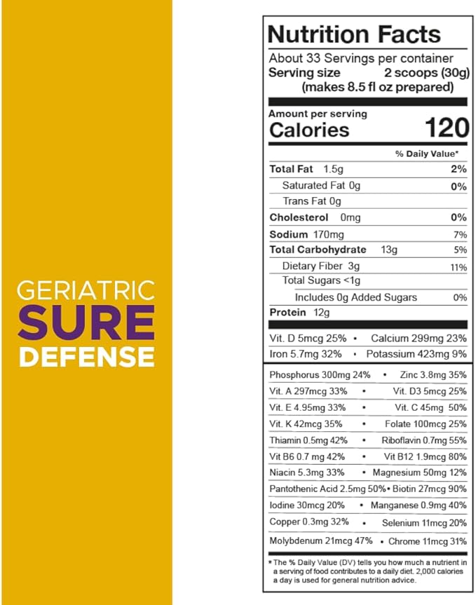 Defense Inmune-Active Geriatric Formula 40% Protein Daily Nutritional Supplement Powder with Fiber Muscle Strength Energy Wellbeing Beta-glucans Immune System Gluten Free Chocolate 1kg