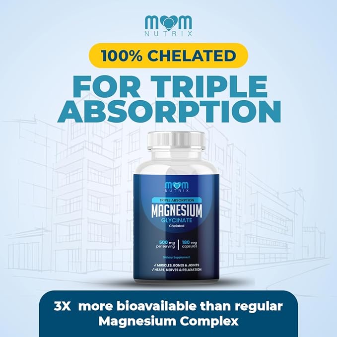 Magnesium Glycinate - 500 mg Chelated Triple Absorption Magnesium - Heart Bones Joints Support - Calm &amp Relax- 180 Capsules