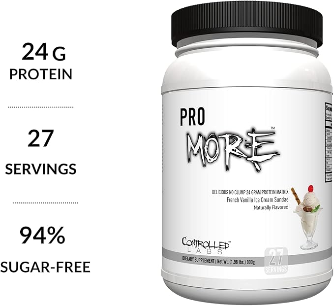 CONTROLLED LABS PROmore Protein Powder (27 Servings) - 24g Protein Per Scoop - 94% Sugar-Free Premium Smooth-Drink Formula (Chocolate Ice Cream Sundae) (27 Servings French Vanilla Ice Cream Sundae)