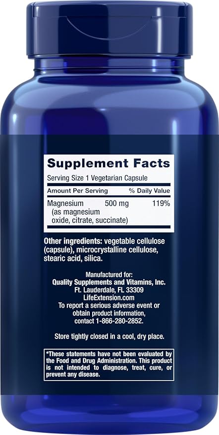 Life Extension Magnesium Caps 500mg 270 Veg Capsules - Broad Spectrum - 3 Mags in 1 Supplement: Oxide Citrate Succinate - Vegetarian