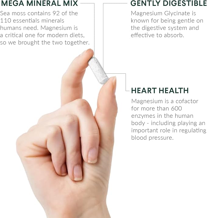 Nutritional Roots - Magnesium + Irish Sea Moss - 350mg Magnesium Glycinate &amp Organic Irish Sea Moss - Essential Minerals - Supports Heart &amp Bone Health - Dietary Supplement - 30 Servings - 60