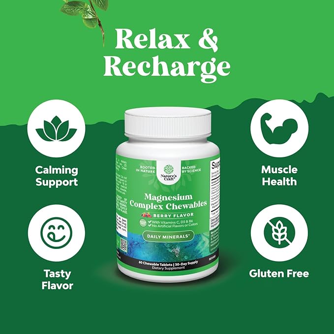 Sugar Free Magnesium Glycinate Chewable - Chewable Magnesium for Adults &amp Kids with Glycinate Taurate &amp Citrate Complex Plus Vitamins D3 B6 &amp C - Vegetarian Non-GMO &amp No Artificial Fla