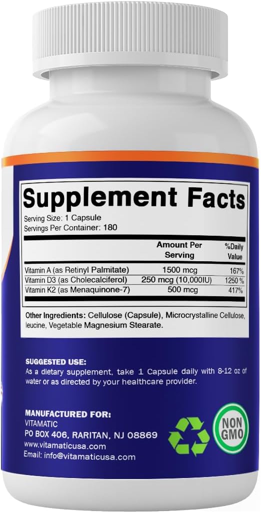 Vitamatic ADK Vitamin Supplement 180 Veg Capsules High Potency Vitamins A D3 K2 for Bone Health Calcium Absorption Non-GMO Gluten Free - 2 Pack