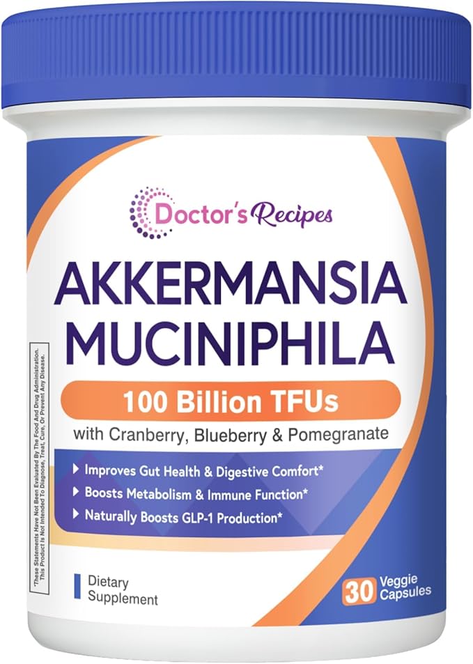 Doctor's Recipes Akkermansia Probiotic Akkermansia Muciniphila 100 Billion TFUs Cranberry Blueberry &amp Pomegranate Extract GLP-1 Production Gut Digestive Immune Health 30 Veggie Capsules