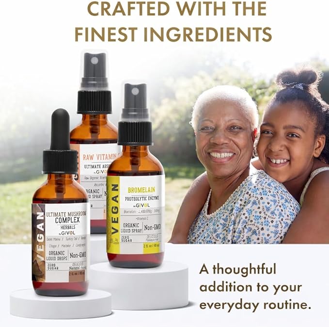 Inflammation Defense Bundle: Ultimate Mushroom Complex with Lions Mane Reishi Cordyceps &amp Chaga Raw Vitamin C and Bromelain | Non-GMO | Gluten-Free | Sugar-Free | 2 Fl Oz | 240-Days Supply