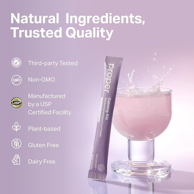 Proper The Lavenders Calming Aid. Sleep and Relaxation Drink Mix. GABA L-Theanine Supplement with Magnesium Lavender Lemon Balm and Ashwagandha. Natural Calm Stress Support Supplements