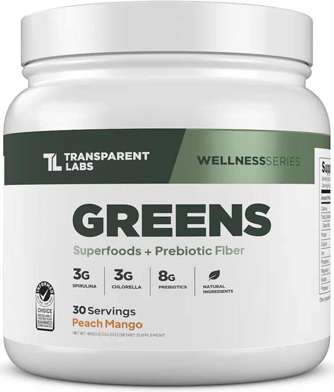 Transparent Labs Prebiotic Greens - Superfood Powder &amp Antioxidants Supplement with Organic Spirulina Chloerra Acacia &amp Green Banana Powder - 30 Servings Peach Mango
