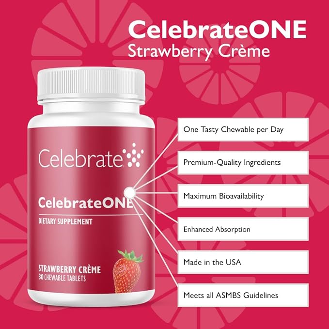 Celebrate Vitamins CelebrateONE Chewables Iron Free - Once Daily Bariatric Multivitamin Essential Vitamins &amp Minerals - Gastric Bypass &amp Sleeve Gastrectomy Supplement - Strawberry Creme (30